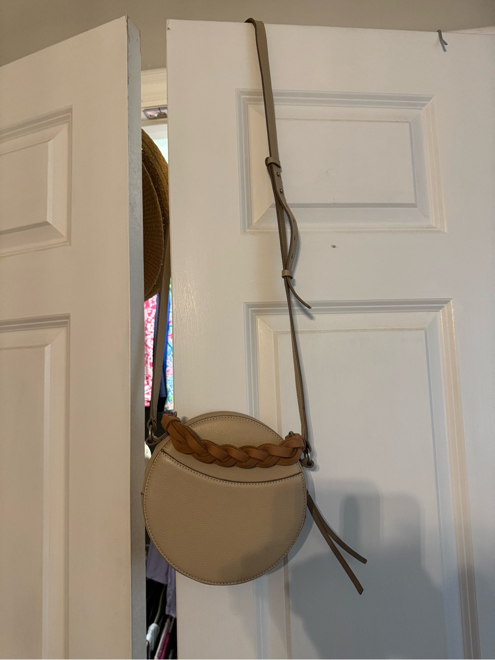 Lucky Brand Beige Round Crossbody with Tan Braided Accent